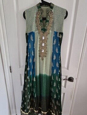Embellished Green and Teal Women's Dress - 3 Piece Suit